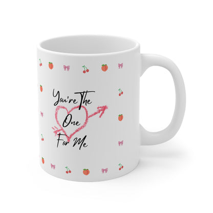 You're the One for Me - Valentine's Day Mug with Peaches, Cherries & Bow Emojis