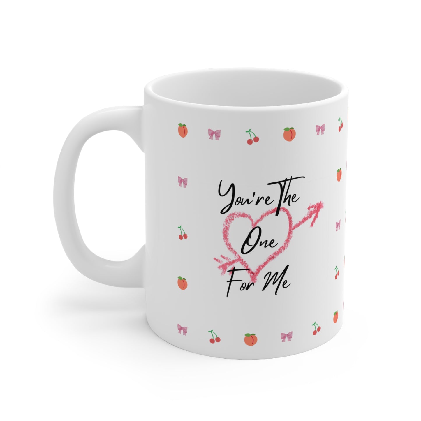 You're the One for Me - Valentine's Day Mug with Peaches, Cherries & Bow Emojis