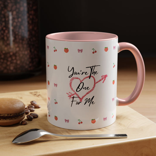 You're the One for Me - Valentine's Day Accent Coffee Mug with Peaches, Cherries & Bow Emojis